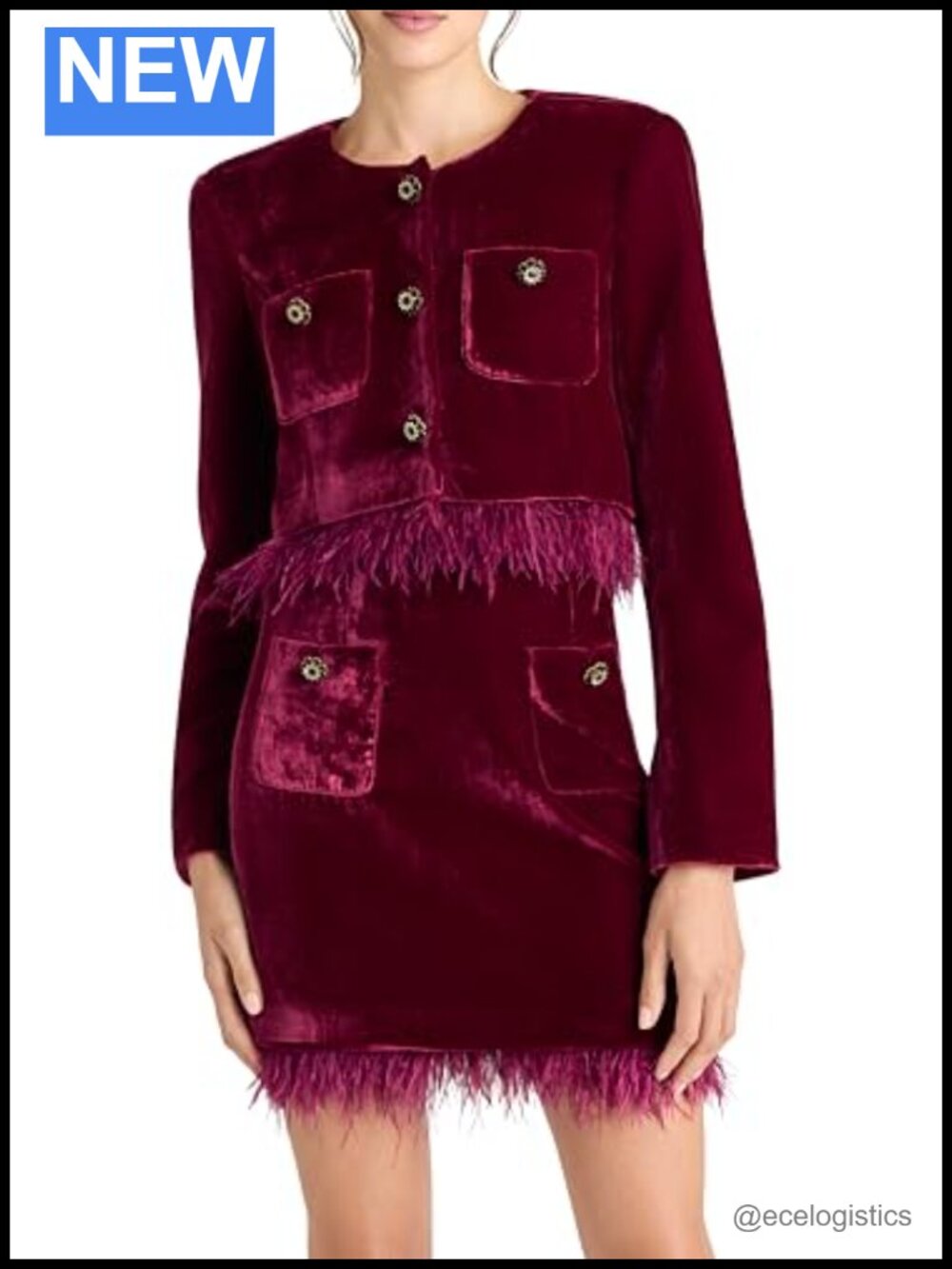 Collarless Velvet Feather Trim Cuff Rhinestone Button Jacket